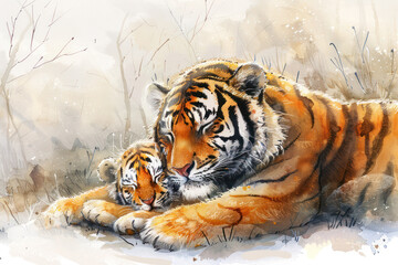 water color of tiger family in a nature, illustration painting.