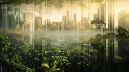 A lush rainforest canopy layered with a bustling cityscape skyline, creating a double exposure that reflects the impact of human development on nature.
