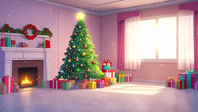 4K looping video showcasing a beautifully decorated Christmas tree in anime style, perfect for festive mood-setting.