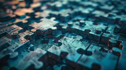 A maze built entirely of puzzle pieces, with some pieces missing, symbolizing the complexity and challenges of technological innovation.  