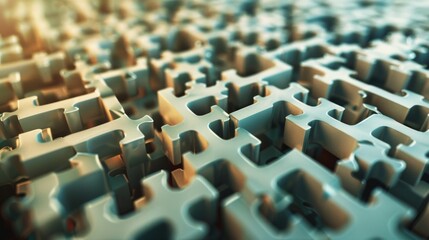 Obraz premium A maze built entirely of puzzle pieces, with some pieces missing, symbolizing the complexity and challenges of technological innovation.