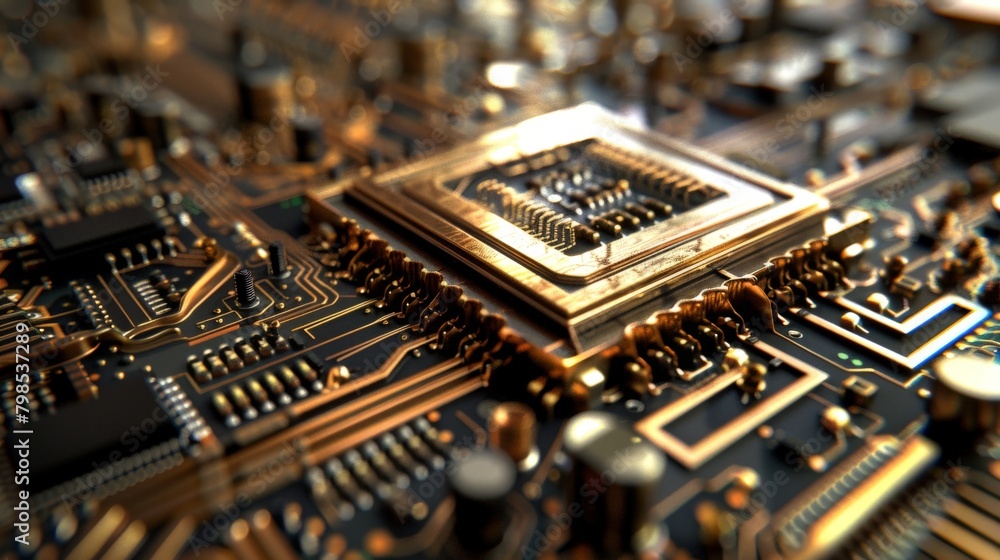 Poster a microscopic view of a computer chip rendered in detailed wireframe, revealing the intricate compon