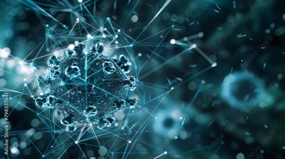 Poster a microscopic view of a virus particle rendered in detailed wireframe, highlighting the potential th