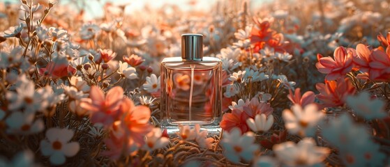 The image shows a bottle of perfume in a field of flowers