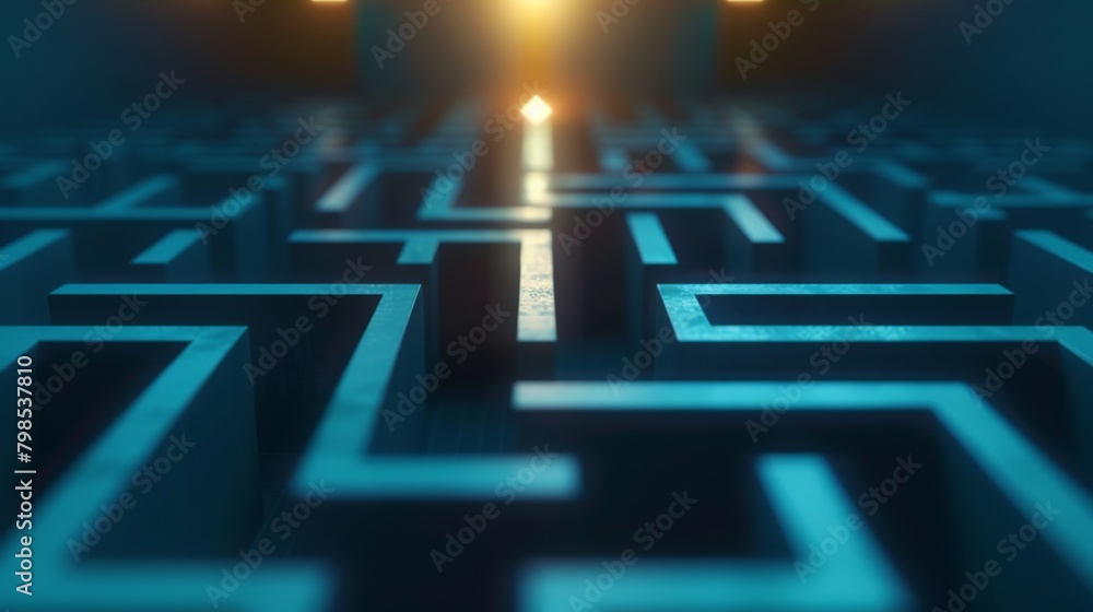 Poster a minimalist maze constructed from clean lines and geometric shapes, with a glowing dot navigating t