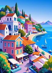 A picturesque coastal village with colorful houses, charming cafes, and scenic walking trail along the cliffs, offering a romantic getaway by the sea. Un paseo por la costa azul: perdido en el paisaje