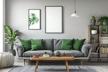 Real photo of grey lounge with green cushion, wooden coffee table, simple poster on the wall and cupboard with books in bright sitting room interior
