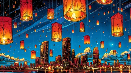 A city skyline is lit up with many lanterns, creating a warm - obrazy, fototapety, plakaty
