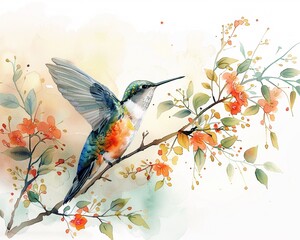 Hand drawn watercolor hummingbird, bright colors, serene setting, vibrant nature theme