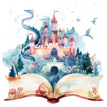 Magical watercolor clipart of a fairy tale book with a castle and dragon scene popping out