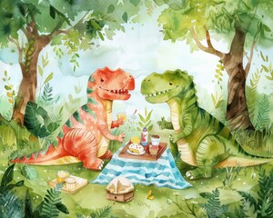 Dinosaurs at a picnic watercolor illustration