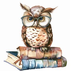 Delightful watercolor clipart of a little owl wearing glasses perched on a stack of books