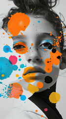 Modern artwork with black and white portrait of young girl with bright colored spots on her face Concept of mental health, inner fears, diversity