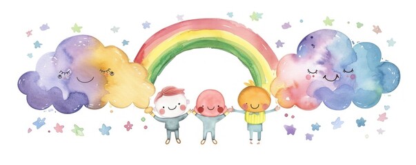 Cute cloud characters holding hands and forming a rainbow