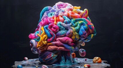 A sculpture of a human brain overflowing with vibrant colors and fantastical imagery, representing the boundless creativity of the mind.  