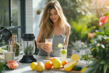 Cute girl making smoothie from fruits and vegetables on blender
