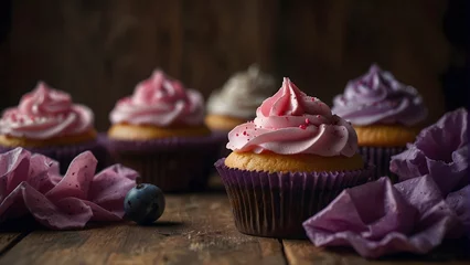 Fotobehang Delicious pink and purple cupcakes arranged on a wooden table © ZADpro