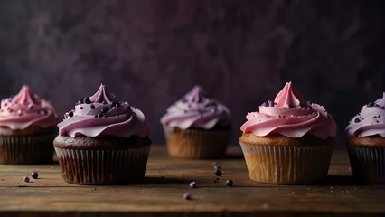 Fotobehang Delicious pink and purple cupcakes arranged on a wooden table © ZADpro