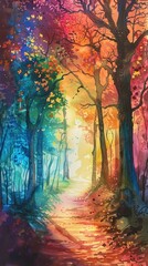 A dreamy forest with trees draped in rainbow-colored leaves