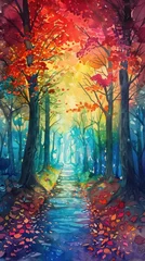 Fotobehang A dreamy forest with trees draped in rainbow-colored leaves © Nisit