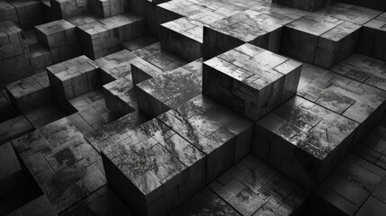 A series of interlocking black and white blocks on a stark canvas, each one revealing a glimpse into a different fantastical world. 