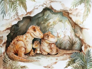 A cozy dinosaur family cuddling in a cave