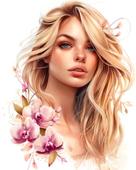 Fotobehang A woman with long blonde hair and a pink flower in her hair © Bonya Sharp Claw