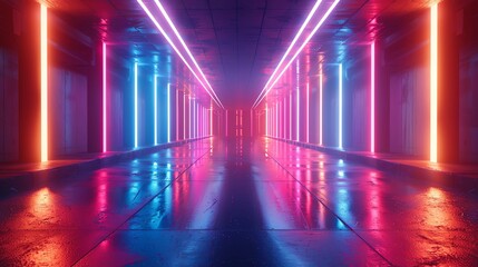 Craft a striking 3D render with a side view perspective, illuminating neon hues blending into dazzling, multicolored rays for a modern and captivating visual experience,