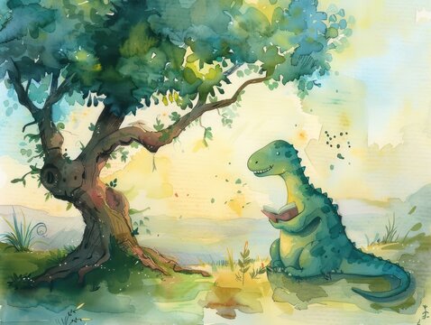 A dinosaur reading under a tree