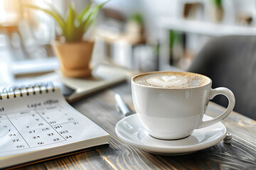 Planner Concept. Desktop Calendar 2024 and cup of coffee place on office desk. Calender and...