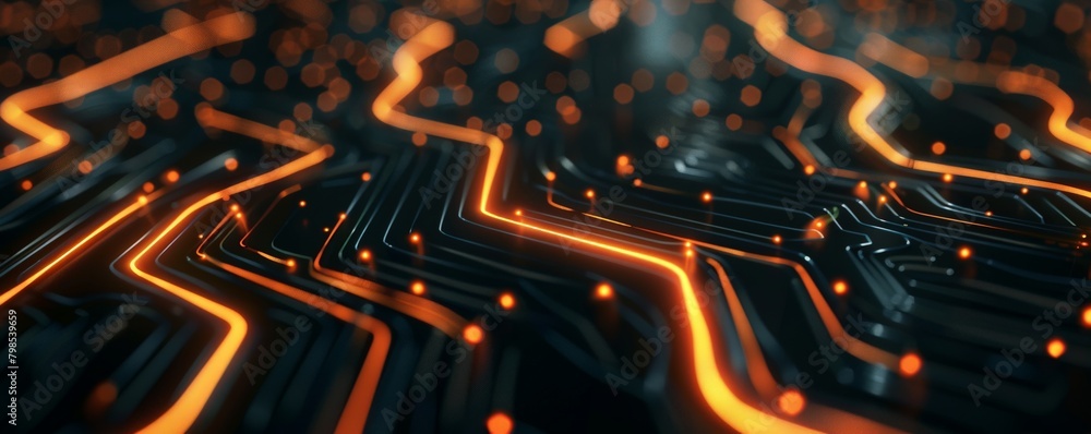 Poster a single, glowing line forming a circuit path on a stark black background, representing the essence 