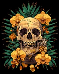 Fotobehang A skull is surrounded by flowers and leaves, with a pineapple in the foreground © Bonya Sharp Claw