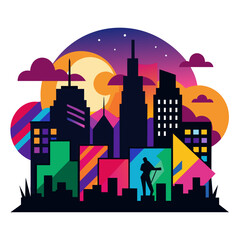 Showcasing a city skyline at dusk, infused with colorful graffiti murals and silhouettes of fashionable figures embodying the spirit of contemporary urban fashion