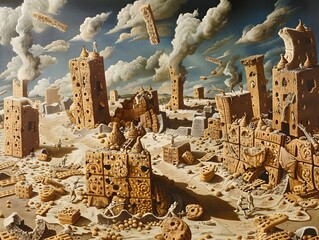 War-Torn Cookie Battlefield with Soldiers and Floating Cracker Debris - obrazy, fototapety, plakaty