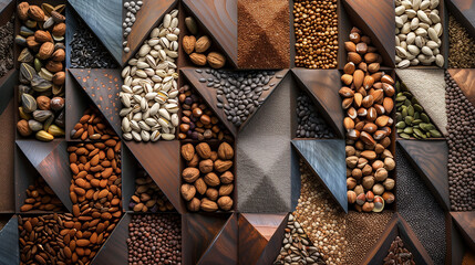 Zinc-rich foods like nuts and seeds are arranged in a geometric pattern.