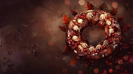 Fotobehang Festive Chocolate Cookie Wreath Adorned with Autumn Leaves and Berries © Panupong Ws