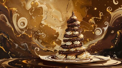Elegant Dessert Platter Featuring a Majestic Chocolate and Cream Swirl Tower - obrazy, fototapety, plakaty