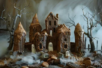 Fotobehang Haunted Cookie Castle with Misty Ghosts in a Spooky Confectionery Scene © Panupong Ws