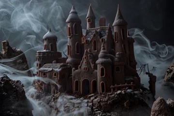 Fotobehang Gothic Cookie Castle Shrouded in Mist: A Haunting Edible Creation © Panupong Ws