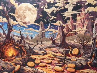 Post-Apocalyptic Cookie Landscape Under a Full Moon Illumination - obrazy, fototapety, plakaty