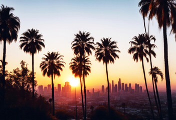 'USA California background downtown tree palm view sunset hot Angeles Los smog air south panorama...