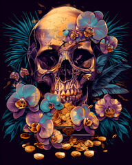 A skull is surrounded by purple flowers and gold coins - obrazy, fototapety, plakaty