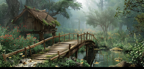 wooden bridge in forest - Powered by Adobe