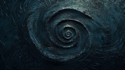A textured, black canvas with a single, glowing line forming a spiral that seems to lead into infinity. 
