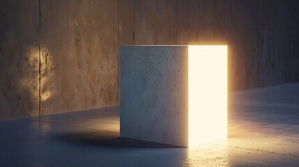 A textured, white cube with a single, vertical slit glowing with an otherworldly light.  