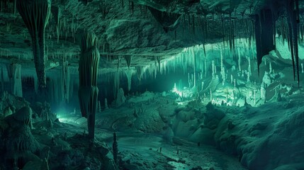 A vast, echoing cavern with jagged stalactites hanging from the ceiling and glowing green bioluminescent organisms in the depths.  