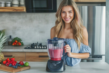 Cute girl making smoothie from fruits and vegetables on blender