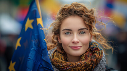 Symbol of peace and cohesion: woman with the European flag