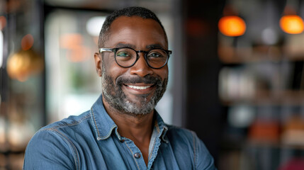 Obraz premium Smart and successful black man wearing casual clothes and glasses smiling warmly in blurred modern office space