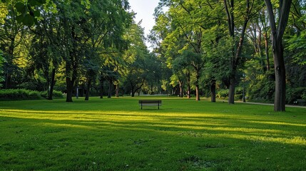 This image shows a tree-lined path with a bench in the distance. The path is bordered by tall hedges and there is a large tree to the right of the bench.

